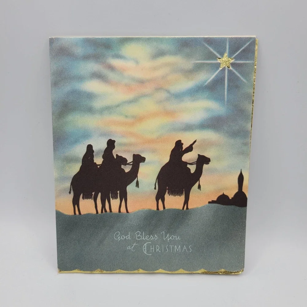 Vintage Christmas Card Three Wise Men Geo‎ & Anna Signed Gold Accent
